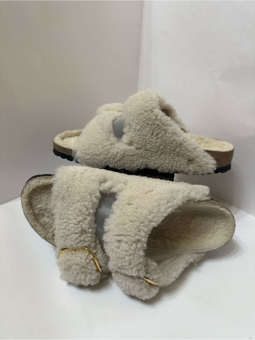 Birkenstock Big Buckle Arizona Teddy Cream Shearling Slides 42 US Woman’s 12